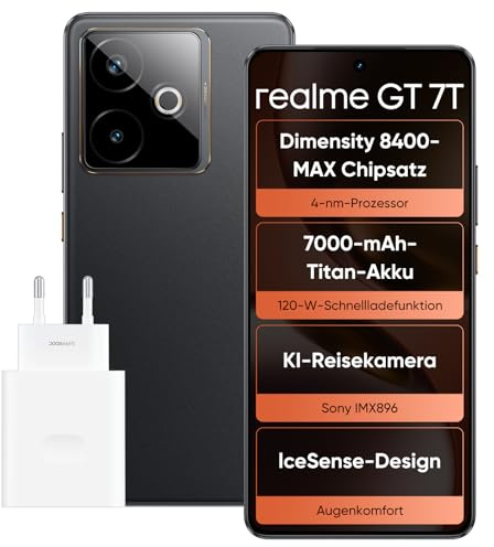 realme GT 7T Smartphone, 5G Dual SIM, 12GB RAM, 512GB ROM, 6,8 AMOLED Display, Dimensity 8400-MAX Chipsatz, 7000mAh Titan Akku, AI Travel Snap Kamera, IceSense Schwarz (Adapter Enthalten)