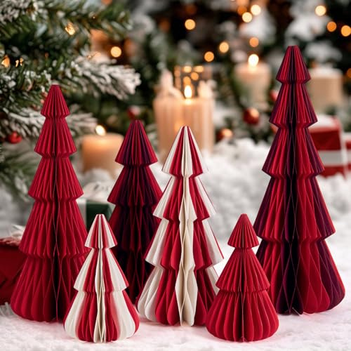 SUNBEAUTY 6 Stück weihnachtsdekoration Tischdeko roter 3D Papier Weihnachtsbaum Waben Papiertannenbäume Wiederverwendbar Christmas Baumschmuck Deko für Esstisch Schrank Fensterbank Kaminsims