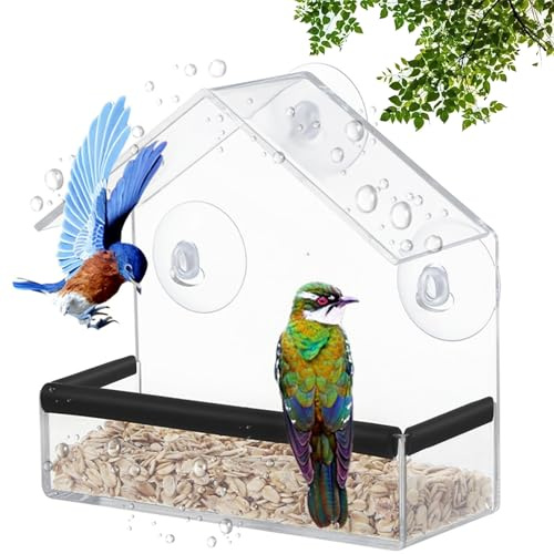 Fågelmatare för fönster, 15 x 15 x 6 cm, 1 st. transparent fågelhus i akryl, fönsterruta fågelhus, med 3 sugkoppar och 3 självhäftande remsor, för mesar, sparvar, vilda fåglar