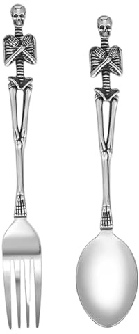 2Pcs Skull Silverware Set, Stainless Steel Halloween Dinnerware Include Fork & Spoon, Silver Gothic Silverware Set for Home Party Restaurant