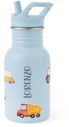 J.Børn Bouteille personnalisée avec paille 350 ml | Dessins peints à la main | Acier inoxydable de qualité alimentaire | Bouteille d'eau légère (Roadtrip)
