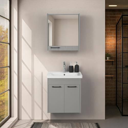 Inbagno Mobile bagno sospeso 55 cm grigio chiaro effetto legno con 2 ante soft-close, lavabo e specchio contenitore 55x60 cm, SOFIA