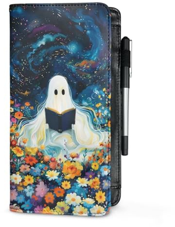 Sellikakes Halloween Ghost Flower Server Book for Waitress Book with Zipper Pocket, Cute Server Books for Waiter Leather, Money Organizer Wallet, Cash Check Bill Receipt Holder Presenter