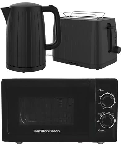 Hamilton Beach Kettle Toaster Microwave Set, Stealth, Electric Kettle. 1.7L, Toaster 2 Slice, Microwave Oven, 20L, Stainless Steel Cavity, Kitchen Set, Black - HBSTELSS