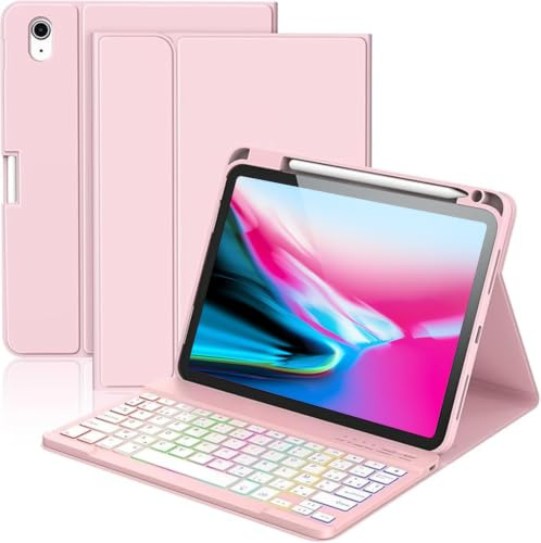 Coque Clavier pour iPad A16 11/10 Ème Generation (11 Pouces 2025/10.9 Pouces 2022) Étui Keyboard Bluetooth pour iPad 10eme/11eme avec 7 Couleurs Rétroéclairées,Porte Crayon,AZERTY Français