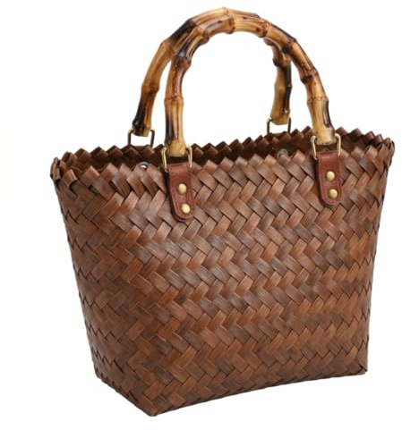 Monetais 30 x 20 cm handvävd vävd strandväska för kvinnor med bambuhandtag, stor kapacitet korgväska, brun