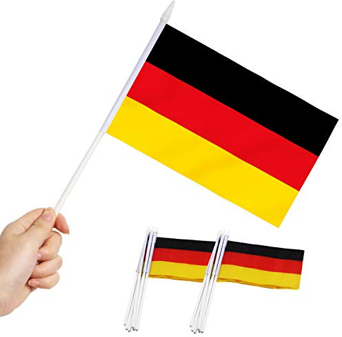 Anley Deutsch 5x8 Zoll Handgehaltene Mini-Flagge mit 12 weißem Solid Pole - Deutschland Stick Flagge, lebendige Farbe und Ausbleiche - 5.5 x 8 Zoll Handgehaltene Stick Flaggen mit Speerspitze