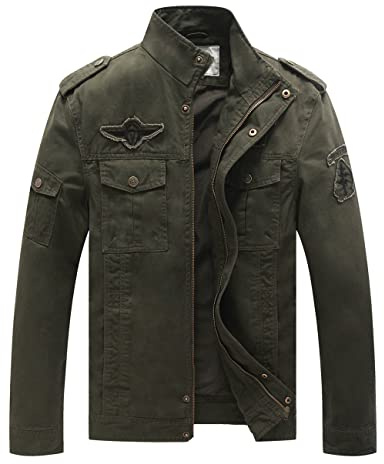 WenVen Giacca da Uomo Classica in Cotone Giubbotto con Zip Antivento Cappotto Casual Tempo Libero Giaccone Leggera Autunnale Uomo Verde Militare XXL