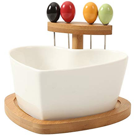XCXDX Insalatiera in Ceramica A Forma di Cuore con Base in Legno, Scodella per Frutta, Ciotola per Gelato per Insalata