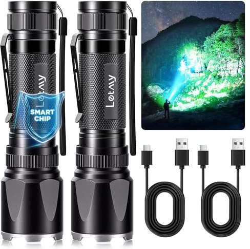 LETMY Rechargeable Flashlights High Lumens, 2 Pack 2000 Lumens Super Bright LED Tactical Flashlight, 3 Modes Samll Powerful Flash Lights with Clip, Waterproof Flashlights for Home Emergency Camping