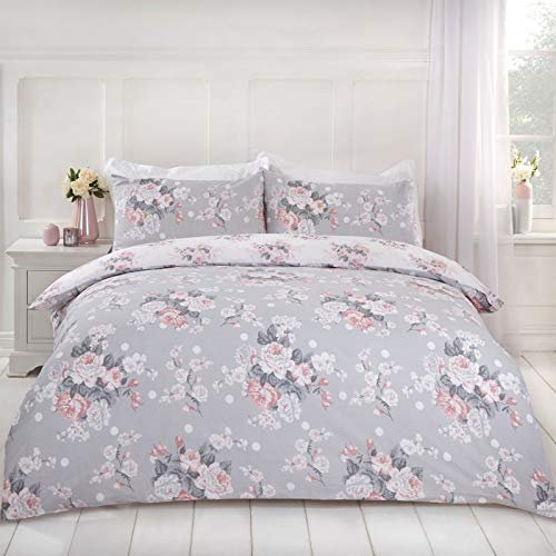 Dreamscene English Rose Duvet Cover with Pillow Case Reversible Floral Bedding Set, Grey Blush White - Single