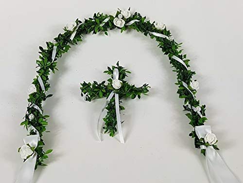 Der-kleine-Dekoladen Ehrenplatz Ranke mit Kreuz weiß Kommunion Konfirmation Tischdeko Deko