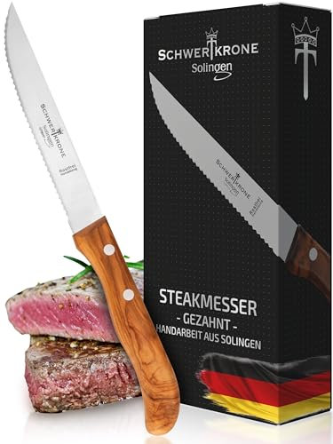 Schwertkrone Steakmesser Brotzeitmesser Frühstücksmesser Schinkenmesser Solingen Germany Olivenholz (Gezahnte Schneide)