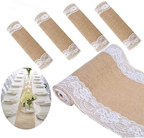 JIUERYY Spitze natürliche Jute Tischläufer Hochzeit Dekoration-30*275CM, 5 Pack