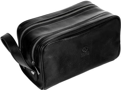 Beauty case in pelle da uomo - Trousse cosmetica - Borsa per il lavaggio per uomini - 100% vero cuoio - Trousse cosmetica di alta qualità per uomo - Time Resistance, Nero , Classico
