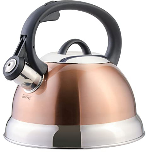 Mr. Coffee Flintshire 1.75-Quart Stainless Steel Whistling Tea Kettle with Nylon Handle – Copper Finish Stove-Top Kettle for Boiling Water