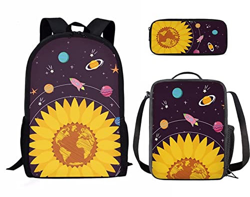 Binienty Modischer Rucksack Teen Jungen Mädchen Schulbuch Tasche mit Lunchbox Stifteetui 3 in 1, Sonnenblumen-Weltraum, Einheitsgröße
