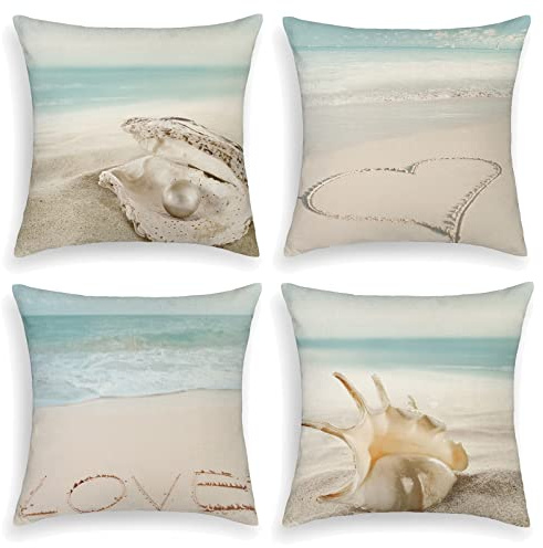 OCEUMACO Leinen Kissenbezug 40x40 Strand Muster Kissenhülle 4er Set Quadratisch Sofakissen Dekokissen Bezug für Couch Sofa Sommer Meer Kissen Kissenbezüge Outdoor Deko Zierkissen Couchkissen