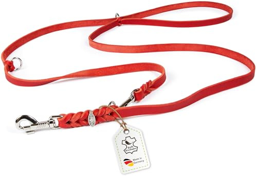 Hundeleine Leder 3m kleine Hunde leicht Fettlederleine [3-Fach Verstellbar] Lederleine geflochten – robuste Leine Hund mit Chrombeschlägen – Führleine Hund & Freihandleine zum Umhängen, Rot 8mm