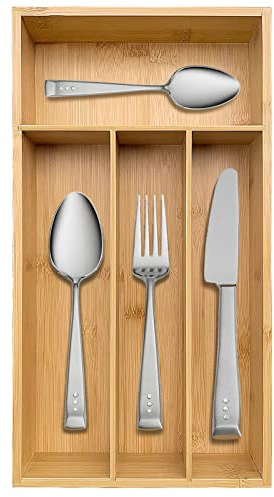 guiogc Bamboo Silverware Organizer, Kitchen Drawer Organizer, Silverware Utensil Tray Holder for Flatware Cutlery Knives, Forks, Spoons (4-Slots) (Natural)
