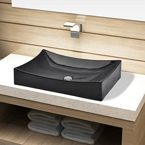 WIFESE Lavandino da bagno in ceramica nera rettangolare Lavabo In Ceramica Lavabo Da Bagno Lavabo Da Appoggio Lavandino Bagno Lavatoio Ceramica Lavabo Lavanderia Lavabo Da Esterno 65,5x39x14 cm