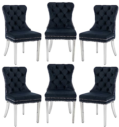 GOOLON Dining Room Chairs Set of 6, Button Tufted Velvet Chairs with Modern Stainless Steel Legs, Rivet Trim Metal Pull Ring Back for Kitchen Dining Room Restaurant, Black