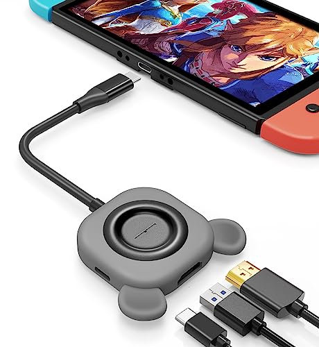 Tendak USB Typ C auf HDMI Adapter für Switch Süßer Bär 3 in 1 USB-C Hub mit USB 3.0 PD Aufladung 4K HDMI Konverter für Nintendo Switch/Switch OLED, MacBook Pro, Samsung S22 Huawei Mate 30 (Grau)