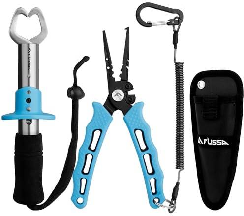 FLISSA Fishing Pliers, Fish Gripper, 2PCS Fishing Tool Kit Includes Multifunctional Fishing Pliers Hook Remover with Sheath and Stainless Steel Fish Lip Gripper, Fishing Gift