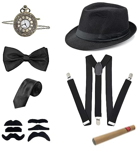 1920s Gatsby Accesorios Hombre, 7pcs Accesorios Disfraz Años 20, Disfraz de Gatsby, con Sombrero de Panamá Tirantes Reloj de Bolsillo Pajarita Bigote Falso Corbatas para Carnaval Mascarada