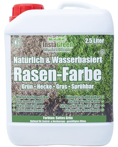 InstaGreen Premium Hecken- & Rasenfarbe 2,5 Liter - gebrauchsfertige Grasfarbe für Rasen und Hecken - Rasenlack gegen gelben Rasen - natürlich wasserbasiert sprühbar biologisch abbaubar