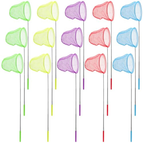 MUKLEI 15 PCS Butterfly Net Telescopic, Small Fishing Net, Extendable Butterfly Net Garden Pond Fishing Net for Outdoor Garden Butterfly Catching and Beach Small Fish Catching, 5 Colours