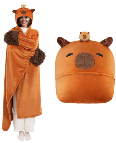 Mewaii Oversized Blanket Hoodie Wearable Soft Warm Capybara Blanket Hooded Cloak Flannel Hoodie Blanket Costumes Unisex Gifts for Kids Girls Women Adults (51.2x62.2)