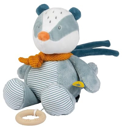 Nattou Aktiv-Kuscheltier aus Polyester, Mit Musik und Silikonring, Dachs Felix, Ca. 30 cm, Felix und Leo, Hellblau