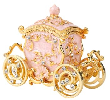 Furuida Retro Carriage Jewelry Trinket Box Enamel Ring Hold Boxes Hand-Painted Vintage Ornaments Craft Gift for Women Girls (Pink)