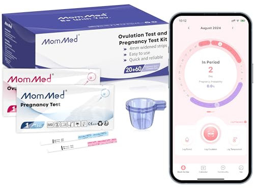 MOMMED Kit di Test Ovulazione e Gravidanza, Alta Sensibilità di 25 mUI/ml, 20 Strisce Test di Gravidanza, 60 Strisce Test di Ovulazione, 80 Contenitori di Urina, Risultati Veloci e Precisi