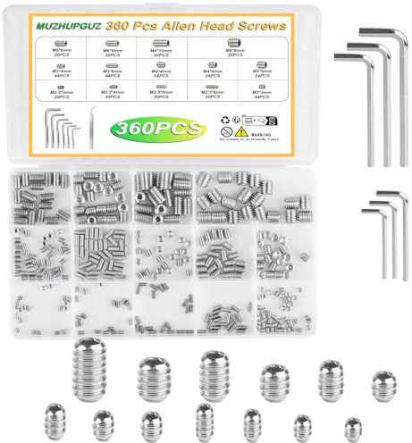 360 Pcs Allen Head Screws - Hex Socket Head, Grub Screw Set - M2.5/M3/M4/M5/M6/M8 Metric Stainless Steel Internal Hex Drive Cup-Point Screws Assortment Kit for Door Handles, Light Fixture