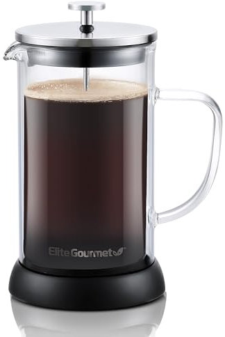 Elite Gourmet FP1223 1 Liter French Press Kaffeemaschine, doppelwandige isolierte Borosilikatglas-Karaffe, spülmaschinenfest, Edelstahl-Filter/Kolbenmontage, abnehmbarer Silikonboden, leicht zu