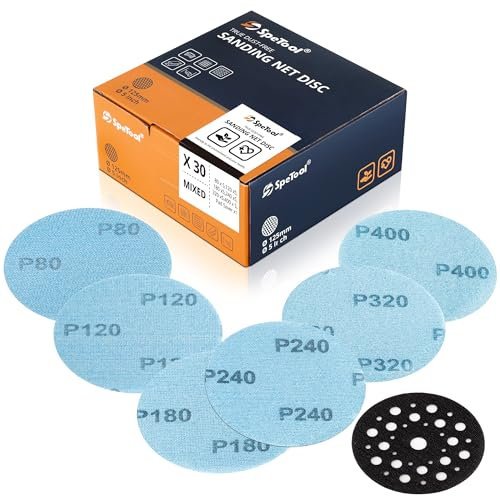 SpeTool Rejilla de lijado de 125 mm, con velcro, 30 unidades, grano 80/120/180/240/320/400, papel de lija de velcro sin polvo, para madera, placas de yeso, metal, resina epoxi