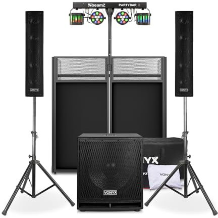 Vonyx VX880BT Complete DJ Setup with Mobile Booth, PartyBar2 Light Bar, 2.1 Speaker System, 15-Inch Subwoofer, Bluetooth, USB/SD Inputs for Events and Parties