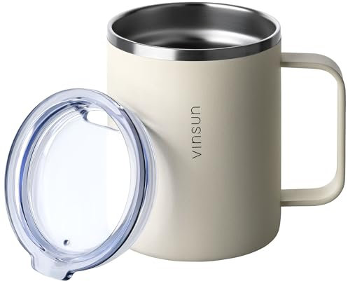 VINSUN Gobelet Isotherme avec Poignée 350ml - Tasse à Café à Emporter, Acier Inoxydable, Couvercle Transparent, Sans BPA - Mug Isotherme pour Bureau, Camping, École