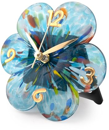 MurArt Orologio da Tavolo in Vetro di Murano realizzato a mano con una Forma di Fiore e misure 15x15 cm Made in Italy (1, Acquamare)