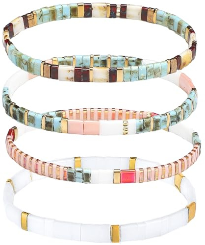 Jadive Tila Lot de 4 bracelets à perles plates bohèmes pour femme avec perles carrées pour bijoux et amis, circumference is 6.5 inches/ 16.5 cm, Verre, Pas de pierre précieuse
