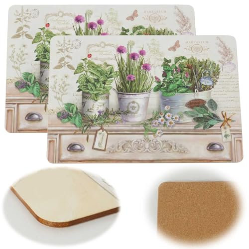 LS-LebenStil 2X Kork Retro Tischset Platzset Vintage Herbes 40x30cm abwaschbar Rechteck Platzmatte abwaschbar Korkunterseite Placemate Tisch Untersetzer Unterlage Teller Geschirr Vasen