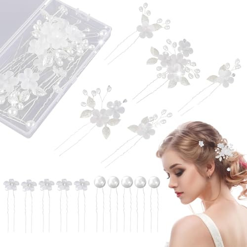 15 Stücke Hochzeit Haarnadeln, Braut Hochzeit Haarnadeln, mit Perlen und Blume, U-förmig Haarspangen Strass, für Frauen Mädchen, Braut und Brautjungfer (Silber)