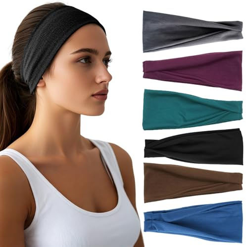 HSEM Headbands for Women - 6 Pack Wide Elastic Hairbands | Ultra-Soft Moisture Wicking Sports Headband | Non-Slip Accessories Bands for Fashion (Dark GrayBurgundyDarkGreenBlackCoffeeNavy)
