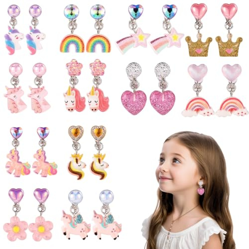 ZILZUFA 12 Paar Klipp Ohrringe Kinder Mädchen, Ohrclips Mädchen, Ohrklipser Kinder, Clip Ohrringe Mädchen, Ohrklipser Kinder, Magnet Ohrringe Mädchen, Einhorn-Regenbogen-Ohrring Set