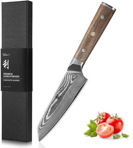 Wakoli Hickory Kiritsuke-Chefmesser 15 cm, 67 Lagen Damaststahl, VG10-Kern | Full-Tang-Konstruktion, Walnussholzgriff und spitze Klinge für präzise Druck- und Zugschnitte bei Fleisch, Fisch und Gemüse