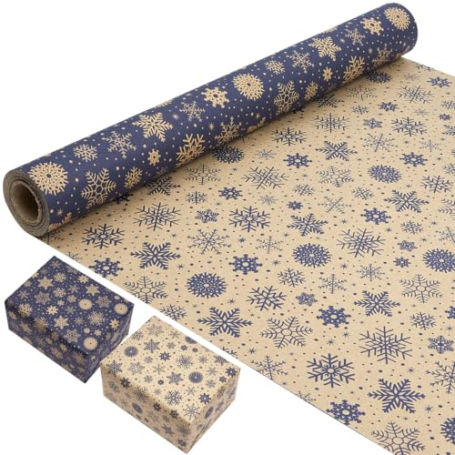 Rollo de papel de regalo de doble cara de 43 cm × 10 m, papel de envolver kraft reciclable navideño con estampado de copo de nieve para decoración de regalos de Navidad, fiesta de cumpleaños