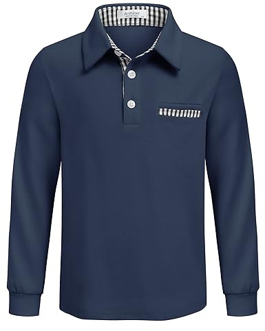 Arshiner Jungen Poloshirt Langarm mit Brusttasche und kariertem Besatz | Weiches elastisches Polohemd mit Knopfleiste Brusttasche und kariertem Besatz als Schulshirt und Freizeitoberteil