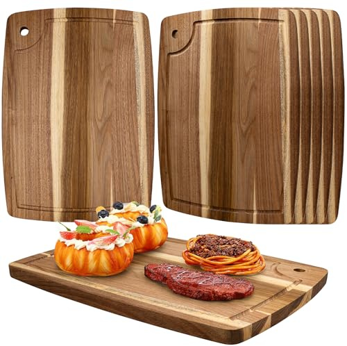 6 Pack Acacia Wood Cutting Board, Large Wooden Chopping Boards for Kitchen, 35x25 cm Acacia Charcuterie Serving Board Bulk with Juice Grooves for Meat Cheese Vegetable Fruit Bread